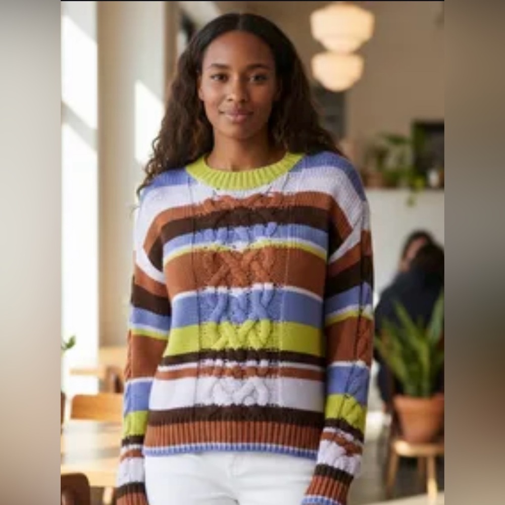 (9)St.John Bay Pullover Sweater Women Sz M Multicolor Striped Cable Knit Sweater